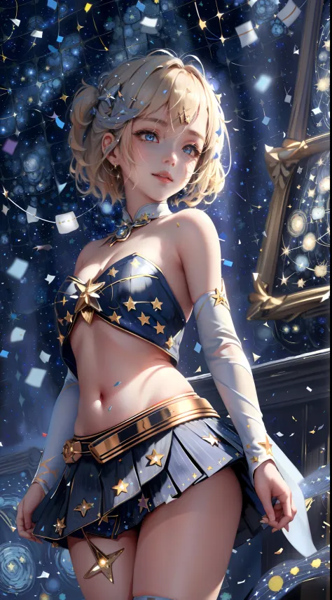 wlop, aeolian,Smile, Mini skirt, Blonde hair,(Starry Night Sky, Confetti background:1.5)), ethereal glowing, arching back, navel...