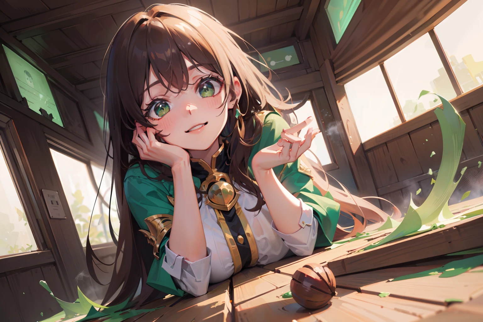 (masterpiece), (best quality), ultra high res, sharp focus, ((1 woman, solo)), (green acid shade tone), fantasy theme, full body, dutch angle, beautiful detailed hair, chestnut brown hair, long hair tumbles down, ((beautiful shape eyes, green shade eyes)), beautiful detailed face, perfect feminine face, comfortable face, look at the viewer, smiles, beautiful detailed structure body, hourglass body type