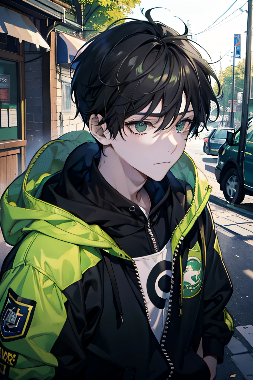 Young boy, 1boy, short, Bus stop, Green eyes, Black hair, Messy hair, bangs between eyes, Best quality, day, Masterpiece, Colorful, Black hoodie, Upper body, wearing headphone, view the viewer, A slight smil, cunning, Face focus, Dutch angle, 4k high definition