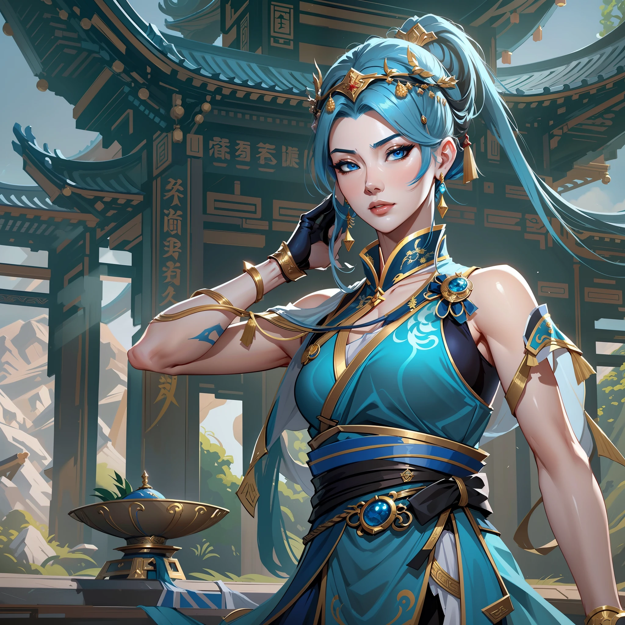 un gros plan d&#39;une petite femme dans la trentaine, aux yeux bleus et aux cheveux bleu océan, porter une robe bleue et noire, une impératrice chinoise aux yeux bleus, épéiste féminine, princesse chinoise, debout dans un temple chinois, nouveau concept de costume, Dans le style de la lame et de l&#39;âme, concept de personnage complet du corps, conception détaillée des personnages, inspiré par Yang Jin, inspiré par Li Mei-Shu, tenue sur le thème lunaire, Costume aux accents dorés, inspiré par Ju Lian, art conceptuel coloré, highly conception détaillée des personnages, Visage très détaillé, inspiré par Ai Xuan, very Visage très détaillé, RENDU DE MOTEUR IRRÉEL, style final fantasy 14