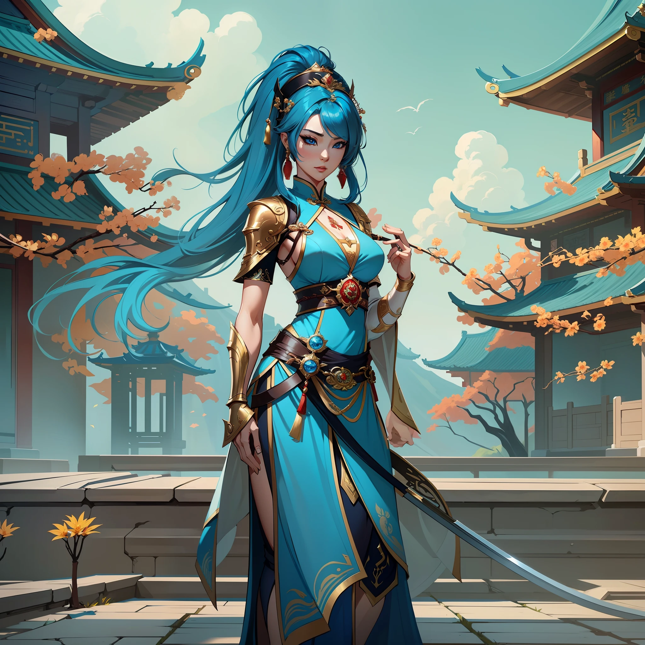 a close up of a short woman in her 30's, with blue eyes and ocean blue hair, wearing a blue and black gown dress, a chinese empress with blue eyes, female swordswoman, chinese princess, standing in a chinese temple, new costume concept design, in the style of blade and soul, full body character concept, detailed character design, inspired by Yang Jin, inspired by Li Mei-Shu, lunar themed attire, costume with gold accents, inspired by Ju Lian, colored concept art, highly detailed character design, highly detailed face, inspired by Ai Xuan, very highly detailed face, unreal engine render, final fantasy 14 style