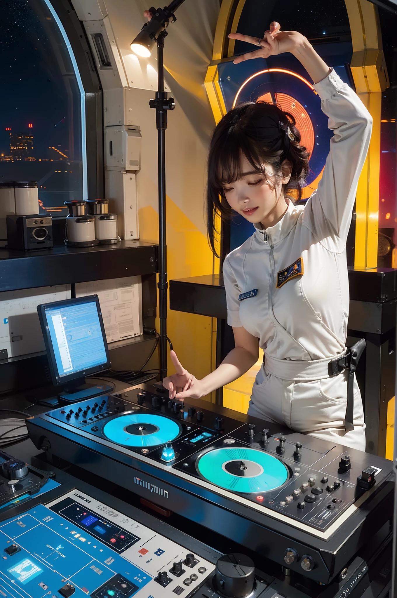 Arafed woman in white shirt playing music on a dj mixer - SeaArt AI