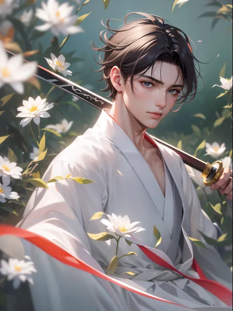 (a cool teenager male swings chinese sword), (white hanfu), wind surround, colorful flowers surround, reality, clear face, clear...