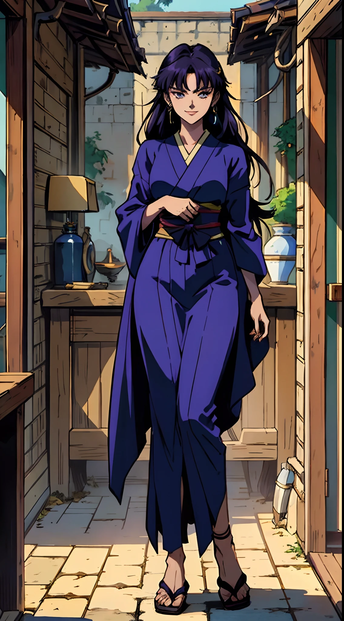 una mujer hermosa con el pelo largo y liso de color púrpura oscuro, un rostro delicado y encantador, Sus ojos son agudos y penetrantes., una sonrisa astuta, ella tiene una figura esbelta, un traje ninja ajustado al estilo de fantasía, El diseño del personaje refleja un ninja de estilo fantástico creado por el diseño de anime japonés., La obra de arte presenta un diseño de personajes finamente detallado., mostrando un estilo artístico manga japonés maduro, ((arte conceptual del personaje)), dibujo de personaje de cuerpo completo, alta definición, mejor calidad, ultra detallado, extremadamente delicado, anatómicamente correcto, cara simétrica, ojos y rostro extremadamente detallados, ojos de alta calidad, creatividad, foto en bruto, uhd, 8k, (luz natural, Iluminación profesional:1.2, iluminación cinematográfica:1.5, mejor sombra), (Obra maestra:1.5)