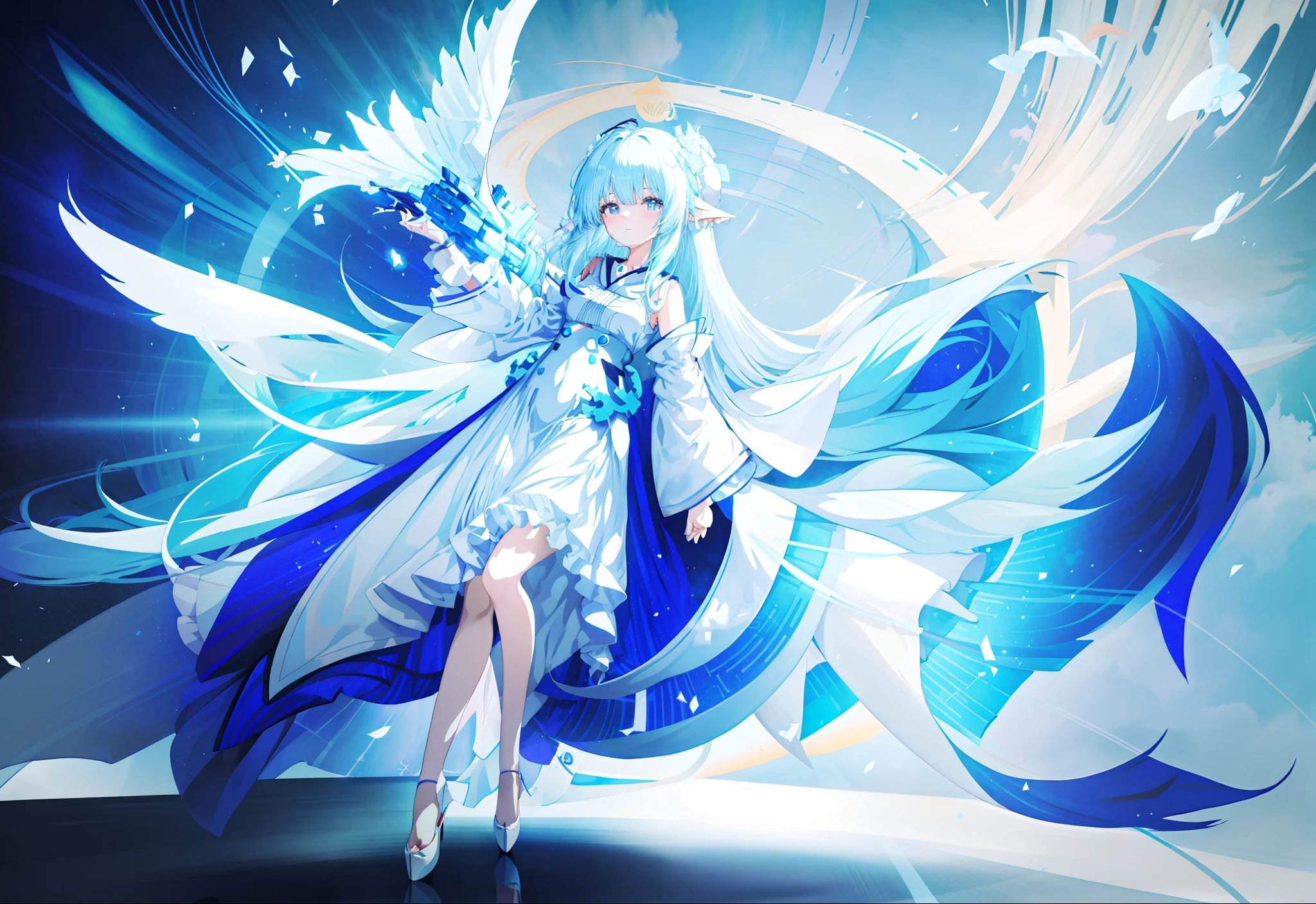 Chica anime con cabello azul y vestido blanco sosteniendo un objeto blanco, cuerpo completo adoptable, fursona humanoide de pelo largo, rimuru tempest, dios de pelo blanco, bruja del cielo, chica anime con cabello cósmico, chica monstruo anime, hada astral, personaje adoptable, astral etéreo, diosa del anime, shirabii, furaffinity fursona, celestial aura，tacones altos