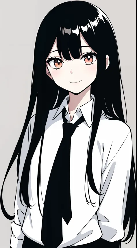 anime girl with long black hair and a white shirt and tie,((black and white portrait)),black and white picture,Smile,minimalist ...
