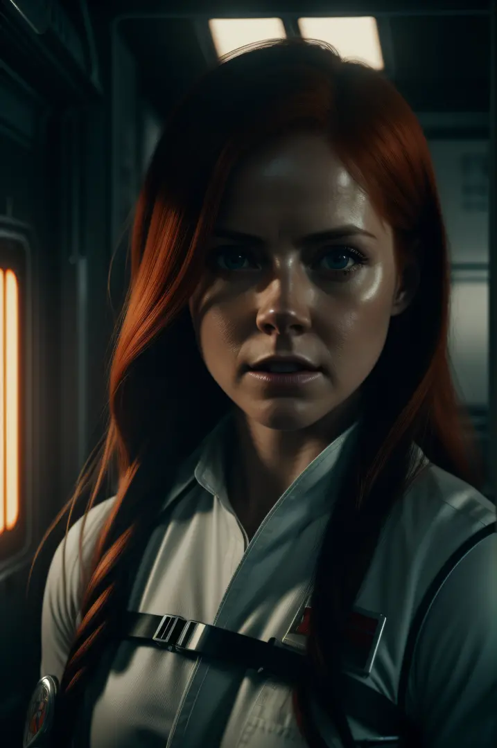 hot amy adams orange hair as a medic on ishimura horror space ship hiding photography, natural light, photorealism, cinematic re...