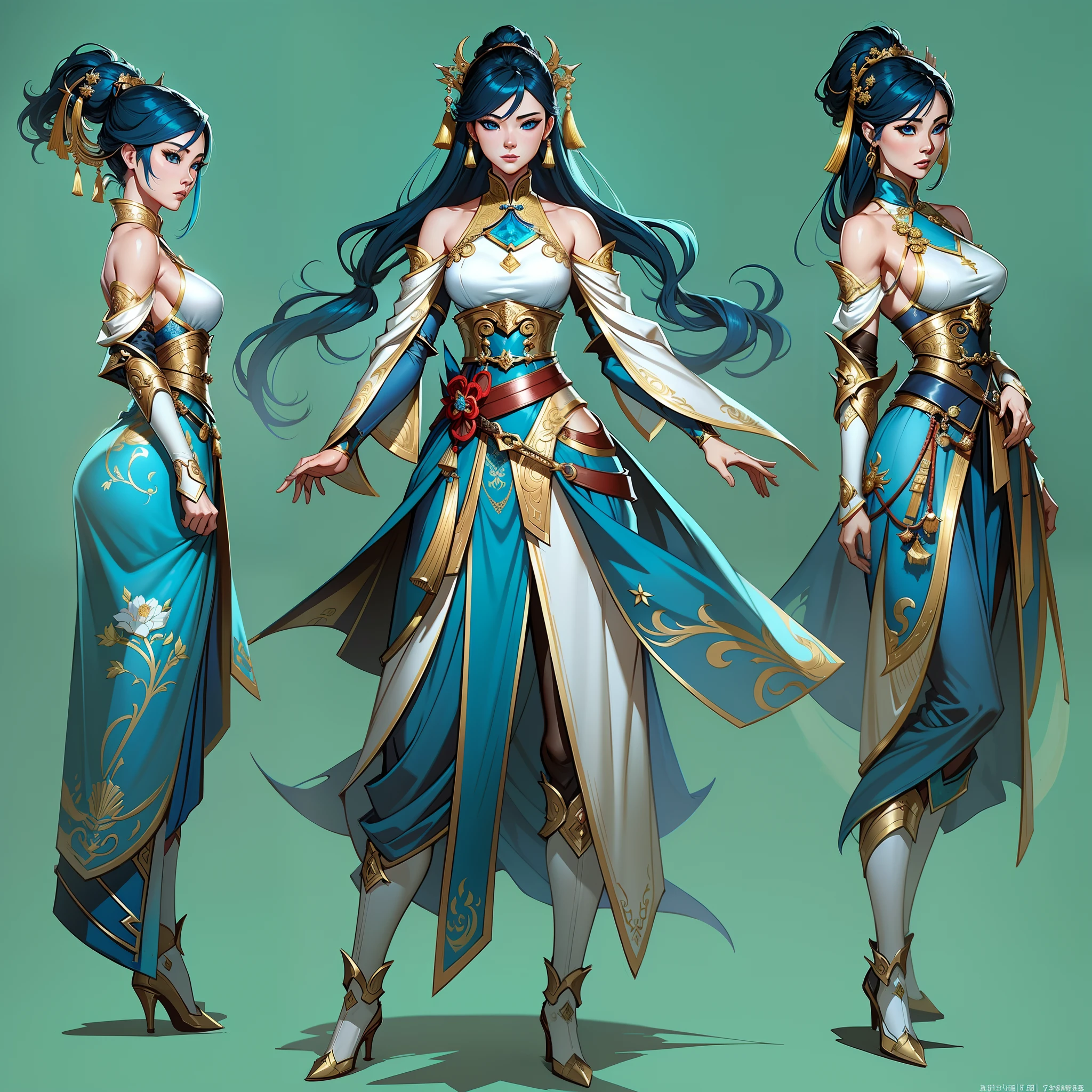 a close up of a short woman in her 30's, with blue eyes and ocean blue hair, wearing a blue and black gown dress, a chinese empress with blue eyes, female swordswoman, chinese princess, standing in a chinese temple, new costume concept design, in the style of blade and soul, full body character concept, detailed character design, inspired by Yang Jin, inspired by Li Mei-Shu, lunar themed attire, costume with gold accents, inspired by Ju Lian, colored concept art, highly detailed character design, highly detailed face, inspired by Ai Xuan, very highly detailed face, unreal engine render, final fantasy 14 style