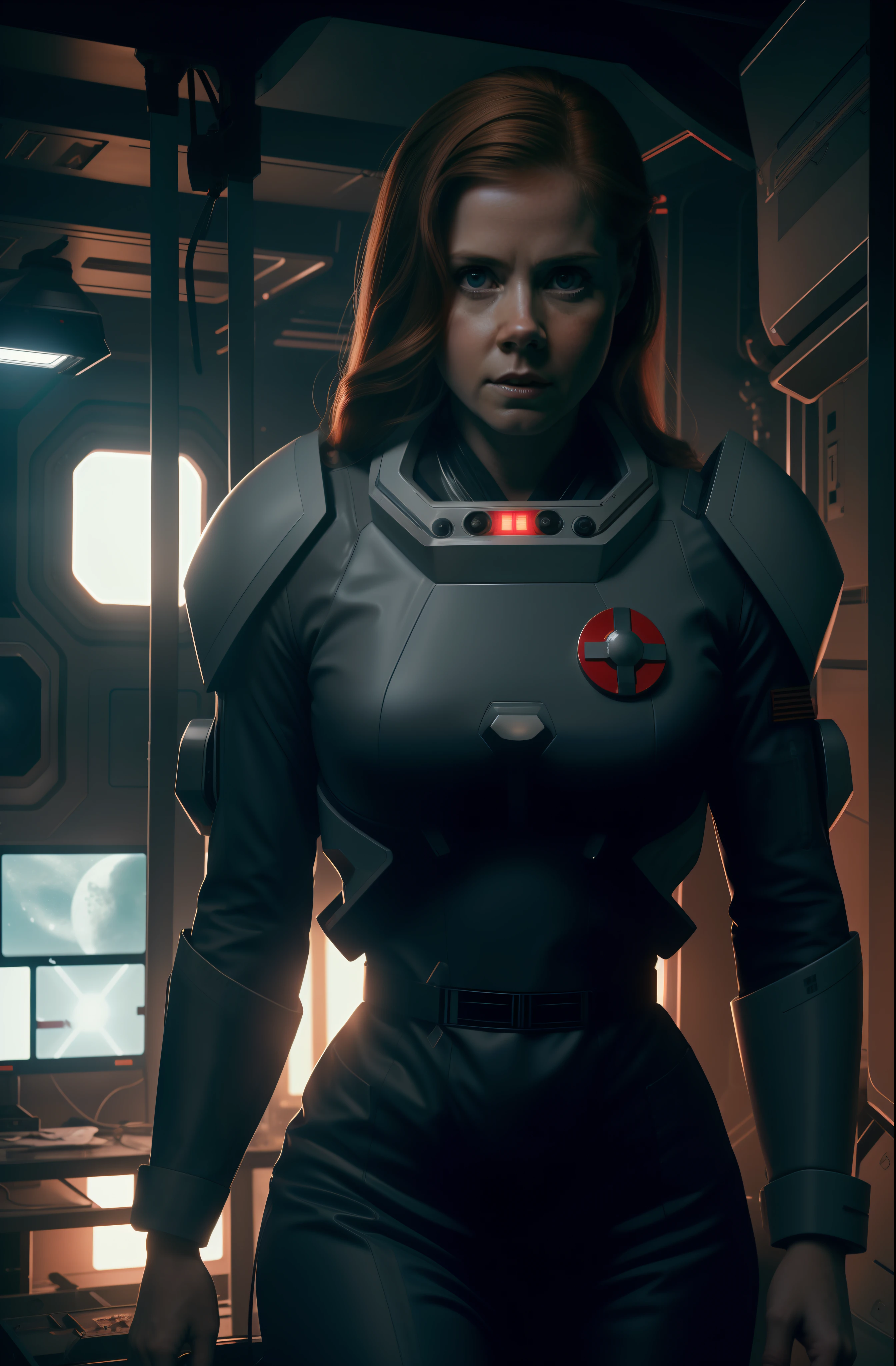 Hot Amy Adams as a Medic on Ishimura Horror Space Ship in sci fi lab photography, natural light, photorealism, cinematic rendering, ray tracing, the highest quality, the highest detail, Cinematic, Third-Person View, Blur Effect, Long Exposure, 8K, Ultra-HD, Natural Lighting, Moody Lighting, Cinematic Lighting