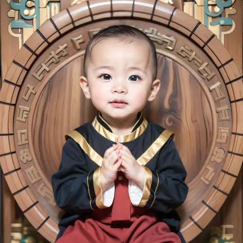 Two-year-old little monk，ultra cute，Looks sweet，Two-year-old toddler face，，bald-headed，Wear a Chinese yellow cassock，Sit cross-l...