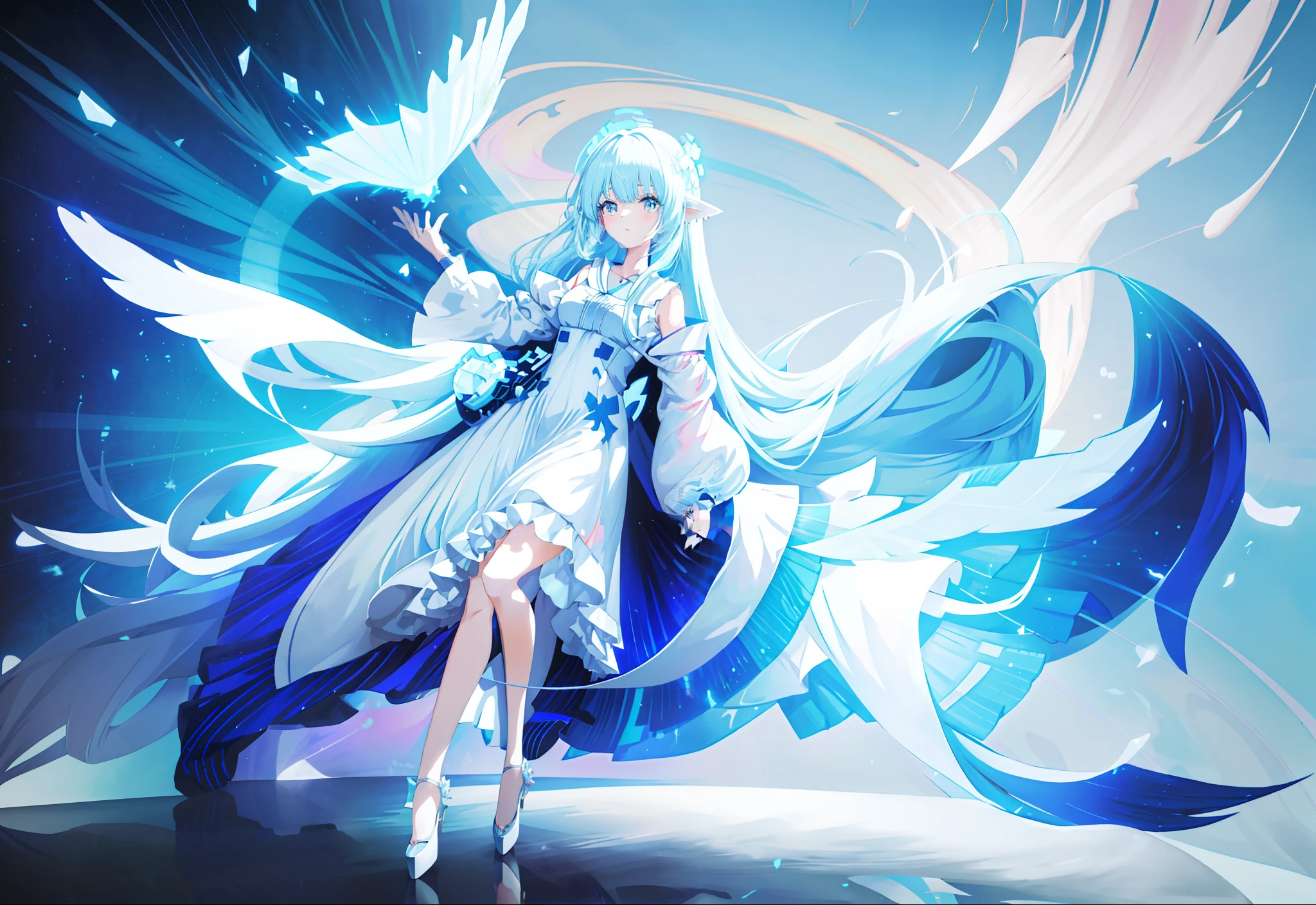 Anime girl with blue hair and white dress holding white object, full body adoptable, long haired humanoid fursona, rimuru tempest, White-haired god, sky witch, anime girl with cosmic hair, Anime monster girl, astral fairy, character adoptable, astral ethereal, Anime goddess, shirabii, furaffinity fursona, celestial aura，high-heels