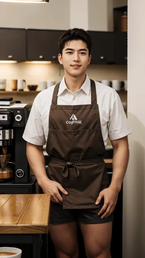 1人，a 20-year-old man in a café，barista，coffee is being made，facial hair，brown apron，leg apart，whitet-shirt，grey shorts，slender f...