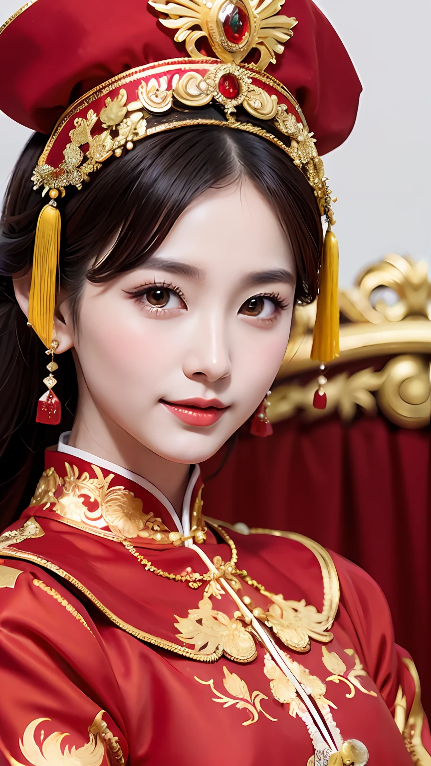 (8k, RAW Photo, Best Quality, Masterpiece: 1.2), (Realistic, Realistic: 1.37), 1 Girl, Woman in Red Dress and Headdress Posing for Photo, Gorgeous Role Play, Beautiful Costume, Chinese Dress, Complex Dress, Complex Costume, Traditional Beauty, Gorgeous Chinese Model, Chinese Costume, Wearing Gorgeous Costume, Wearing Elegant Chinese Xiuhe Dress, Chinese Wedding Dress, Phoenix Crown Xia Hanging, Antique Bride, Xiuhe Costume, Close Up, Wearing Phoenix Crown, Smile, No Watermark, Dragon and phoenix embroidered dress