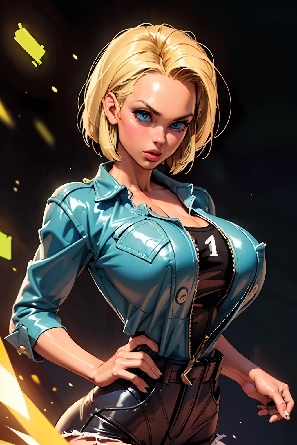 (((1 girl,  cute, ((android 18)), gigantic breasts:1.2), denim jacket, black top, blond, short hair, bob hair,  side parted hair, blue eyes))), (((blond hair))), 
dynamic poses, realistic style, depicting android 18 in various action scenes, from intense battles to lighthearted moments, with dramatic speed lines , capturing the excitement and energy of the story, Attack forward with palm