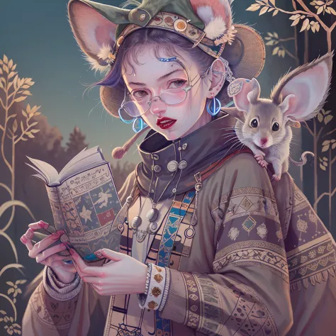Punk wind rat reading a book，the trees，3 mice，earnestly，having fun，Wear glasses
