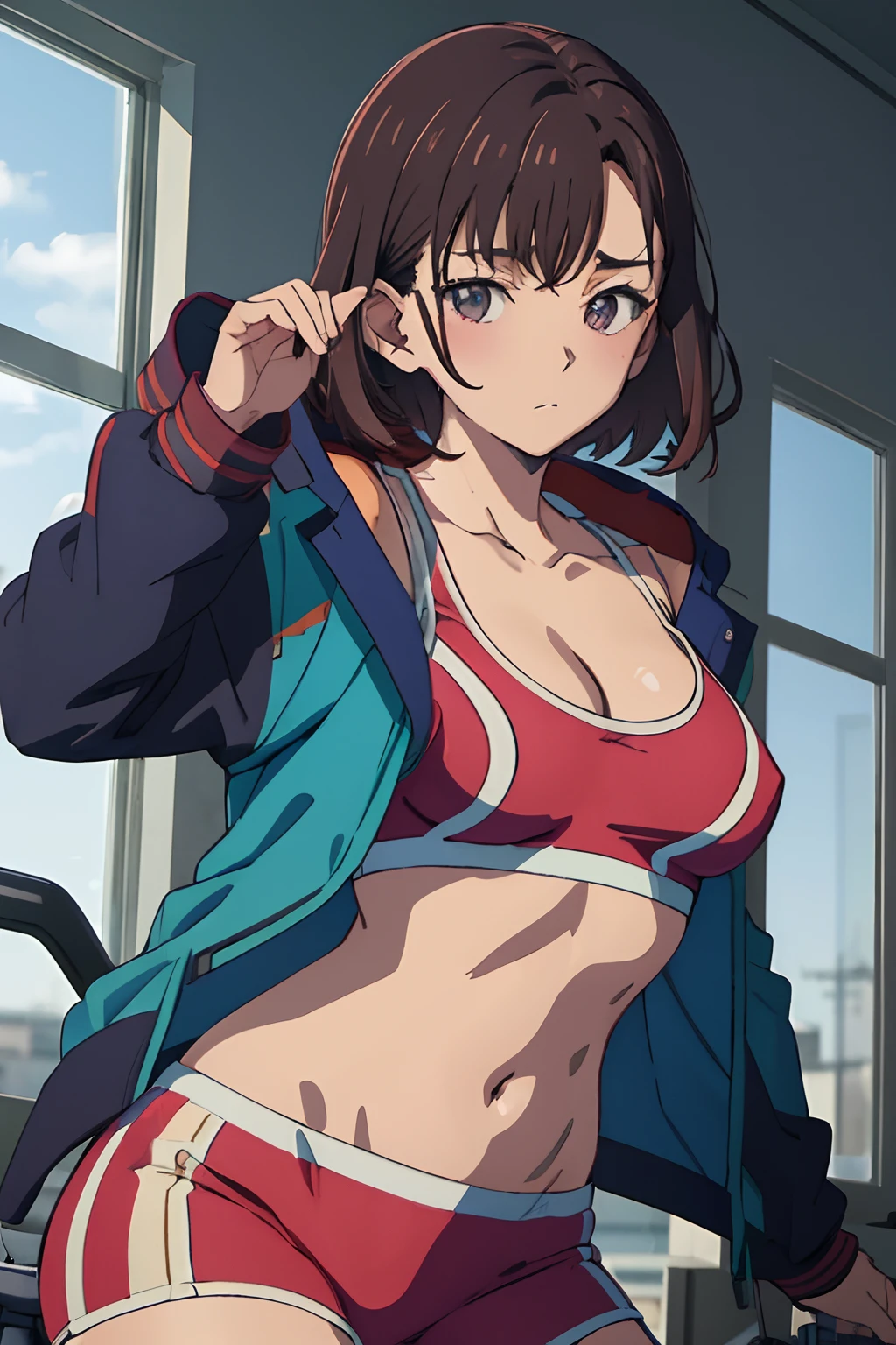 (((masterpiece))), ShizukaMikazuki, 1girl, solo, looking at viewer, short hair, brown hair, long sleeves, cleavage, medium breasts, closed mouth, collarbone, jacket, open clothes, open jacket, blue jacket, ground vehicle, sports bra, bicycle,