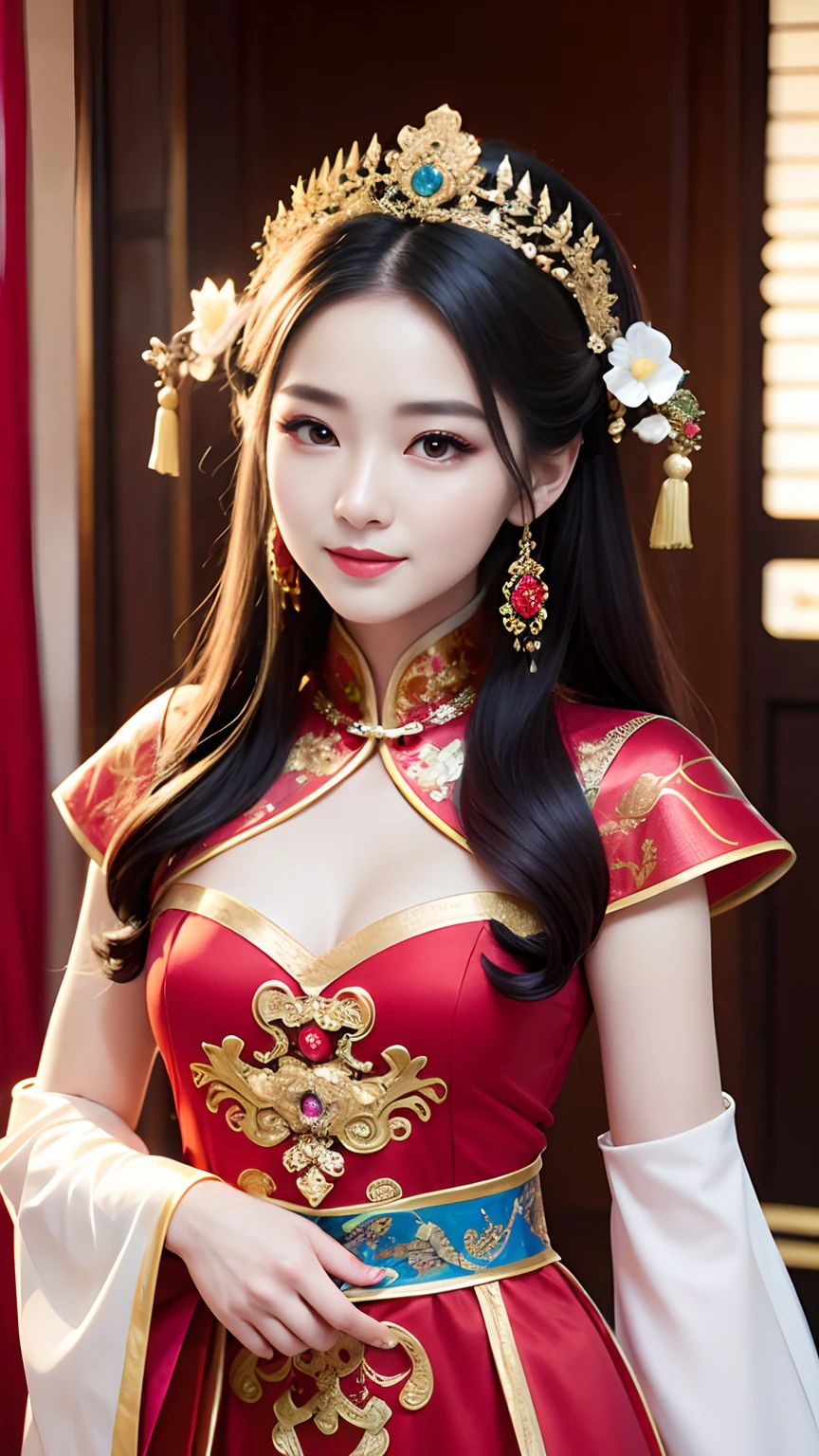 (8k, RAW-Foto, beste Qualität, Meisterwerk: 1.2), (Realistisch, Realistisch: 1.37), 1 Mädchen, Aalfi-Frau posiert für ein Foto in rotem Kleid und Kopfschmuck, Wunderschönes Rollenspiel, Schönes Kostüm, aufwendiges Fantasykleid, schöne Fantasiekönigin, chinesisches kleid, komplexes Kleid, Komplexes Kostüm, traditionelle Schönheit, wunderschönes chinesisches Modell, Chinesisches Kostüm, inspiriert von Lan Ying, Ein wunderschönes Kostüm tragen, inspiriert von Puhua, trägt ein elegantes chinesisches Xiuhe-Kleid, Chinesisches Hochzeitskleid, Phoenix Krone Xia Hand, antike braut, kleid zeigen, Nahaufnahme, Nahaufnahme, lächeln