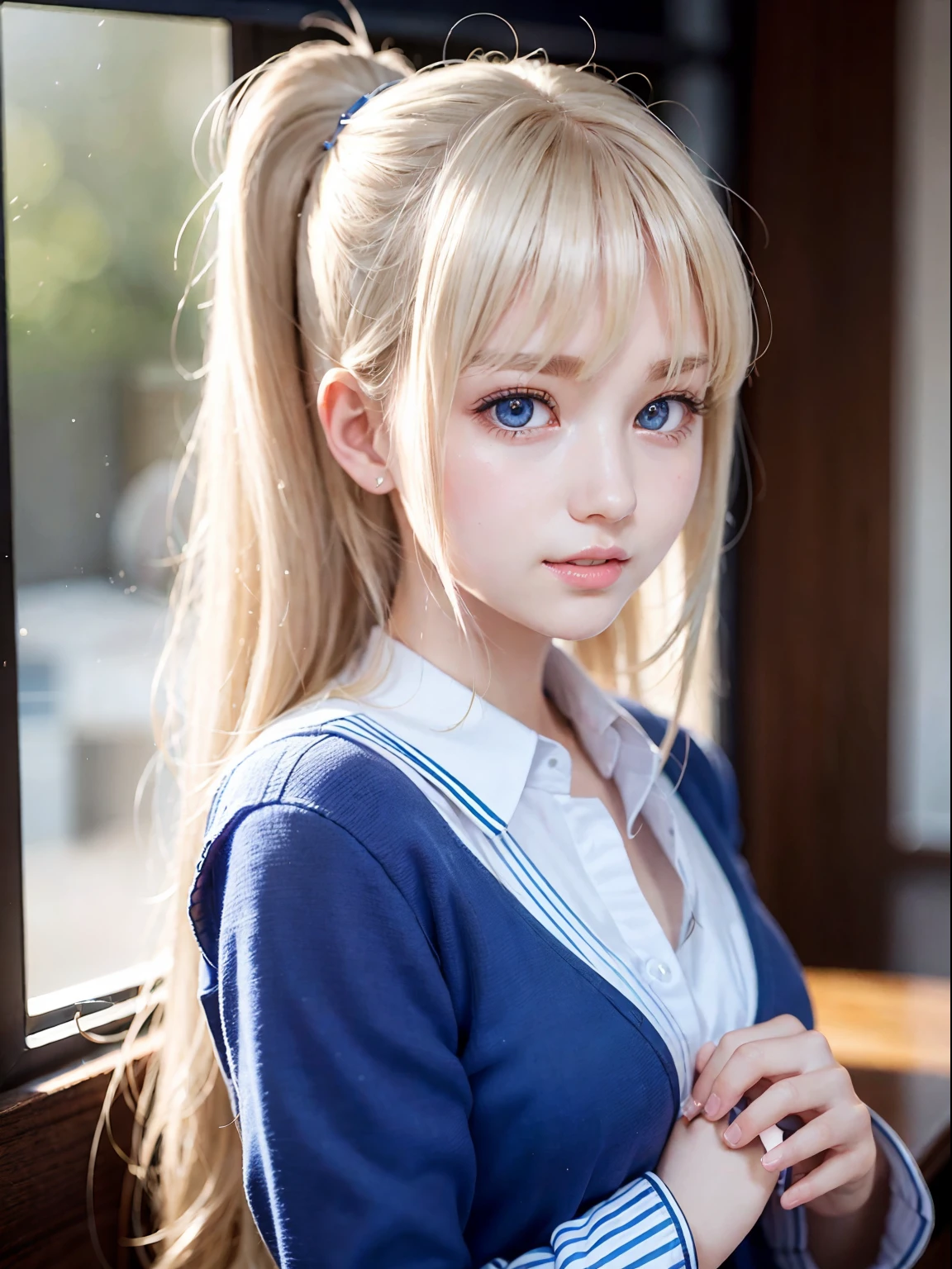 portlate、School Uniforms、bright expression、poneyTail、Young shiny shiny white shiny skin、Best Looks、Blonde reflected light、Platinum blonde hair with dazzling highlights、shiny light hair,、Super long silky straight hair、Beautiful bangs that shine、Glowing crystal clear attractive big blue eyes、Very beautiful nice cute 16 year old girl、Lush bust