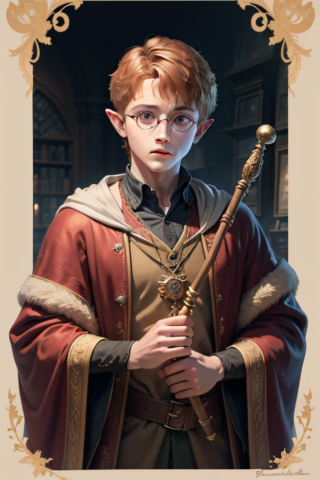 a drawing，A man in a robe holding a wand, holding wand, young wizard, holding a wand, portrait of a young elf wizard, holding wands, portrait of harry potter, long trunk holding a wand, holding the elder wand, young half elf wizard, harry potter portrait, Ron Weasley, Holding a magic wand, perfect lineart