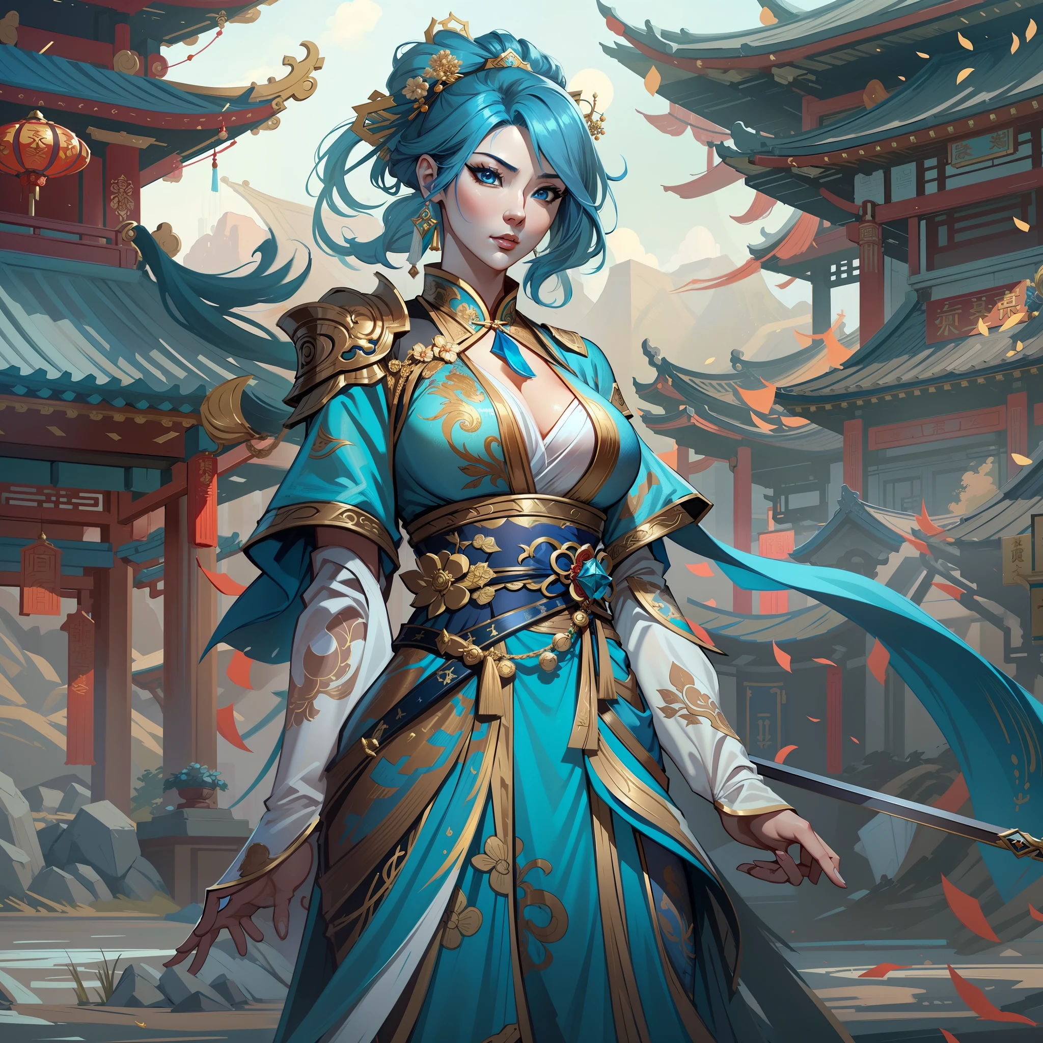 30代の小柄な女性のクローズアップ, 青い目と海のような青い髪を持つ, 青と黒のガウンドレスを着て, 青い目をした中国の皇后, 女性剣士, 中国の王女, 中国寺院に立つ, 新しい衣装コンセプトデザイン, ブレイドアンドソウル風, 全身キャラクターコンセプト, 詳細なキャラクターデザイン, ヤン・ジンにインスピレーションを得た, 李梅樹に触発されて, 月をテーマにした衣装, 金色のアクセントが付いた衣装, ジュ・リアンに触発されて, カラーコンセプトアート, highly 詳細なキャラクターデザイン, 非常に詳細な顔, アイ・シュアンにインスピレーションを受けて, very 非常に詳細な顔, アンリアルエンジンレンダリング, ファイナルファンタジー14スタイル