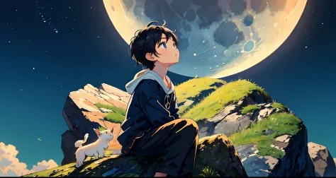 Cute little boy with black hair and blue eyes，Sit on a stone and look up at the moon，Enjoy the breeze，OilPaintStyle。