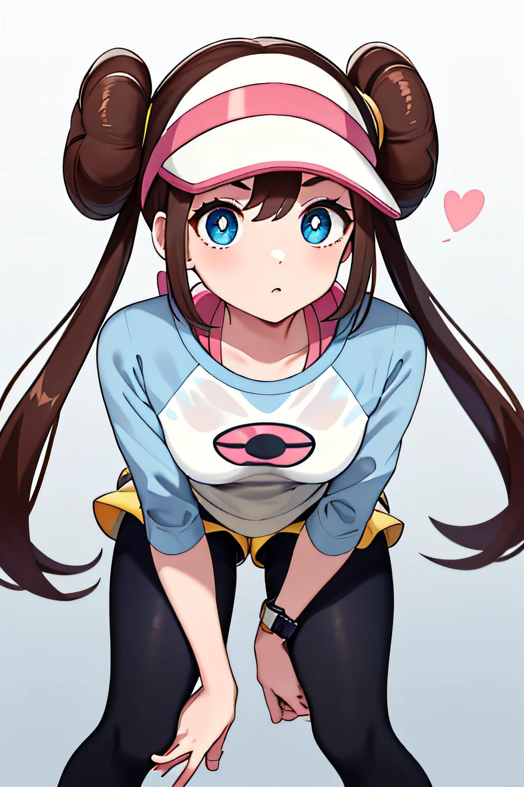 masterpiece, Top quality, High Definition, RO1, Hair bun, Blue eyes, Twin tails, Visor cap, Pantyhose, Raglan sleeves, Yellow shorts, Shirt, Pink bow, Watch, Leaning forward, Gym, Squatting, 30 denier soft touch comfort Tights, See-through, Squatting, Open legs, Thighs, Attractive thighs,