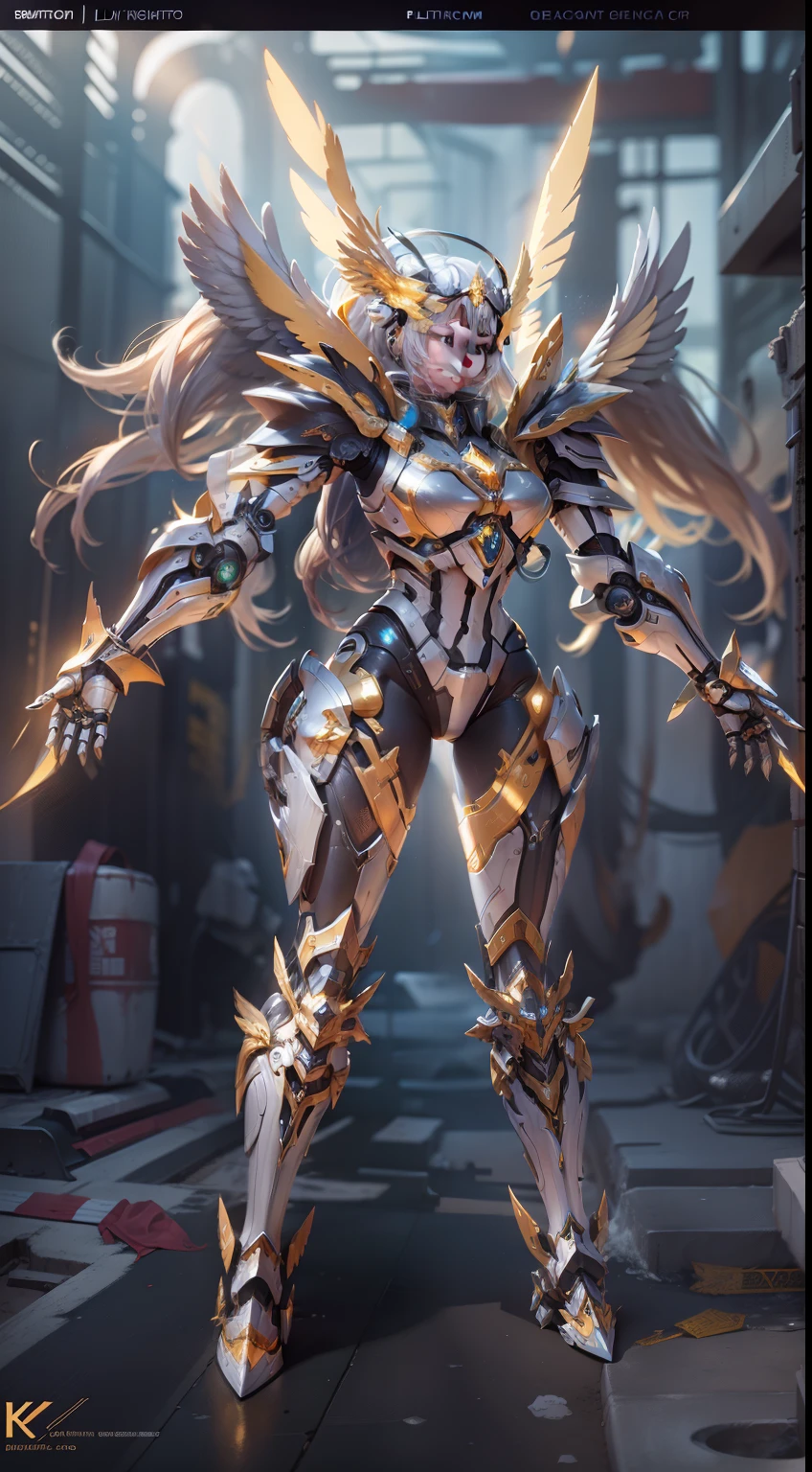 Platinum Mech Robot，Wings made of energy，metal halo，golden colored，、，Full body front，holy rays，k hd，Cinematic lighting，hyper HD，female robot，with no face，Full body mecha