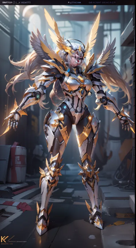 platinum mech robot，wings made of energy，metal halo，golden colored，、，full body front，holy rays，k hd，cinematic lighting，hyper hd，...