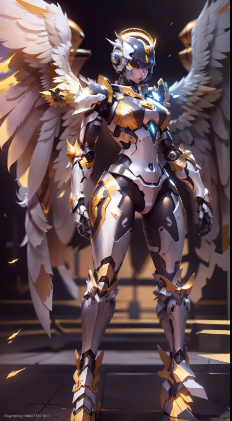 Platinum Mech Robot，Wings made of energy，metal halo，golden colored，、，Full body front，holy rays，k hd，Cinematic lighting，hyper HD，female robot，with no face，Full body mecha