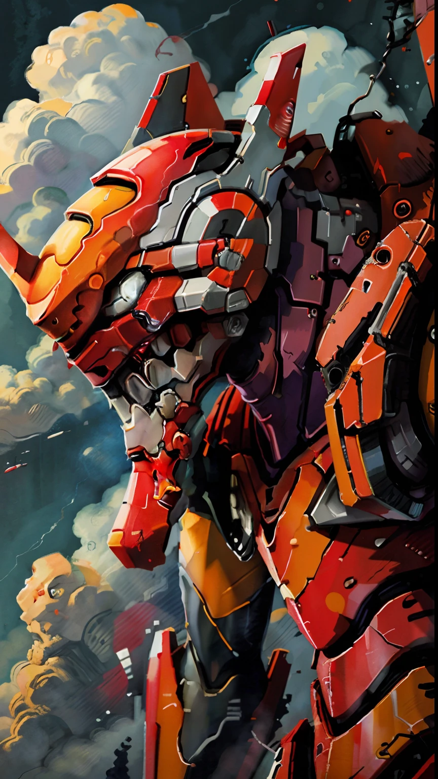 (eva 02), evagod, evangelion mecha, science fiction, looking at viewer, (official art, Best quality, masterpiece:1.2), illustration, high res, beautiful abstract background, Futurism, cyberpunk, intense angle,