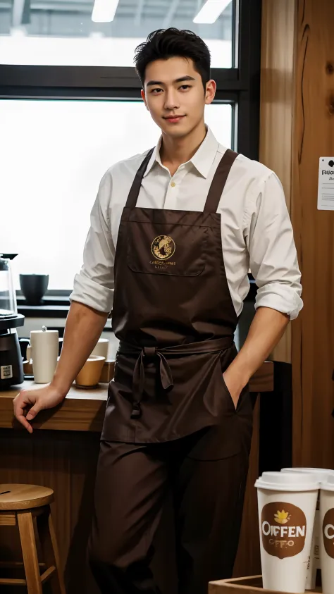 1人，a 20-year-old man in a café，barista，coffee is being made，facial hair，brown apron，sit pose，leg apart，whitet-shirt，shorter pant...