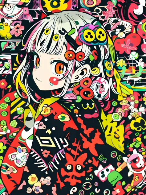 Close-up of a person with a lot of different things, anime graphic illustration, decora inspired illustrations, anime style 4 k,...