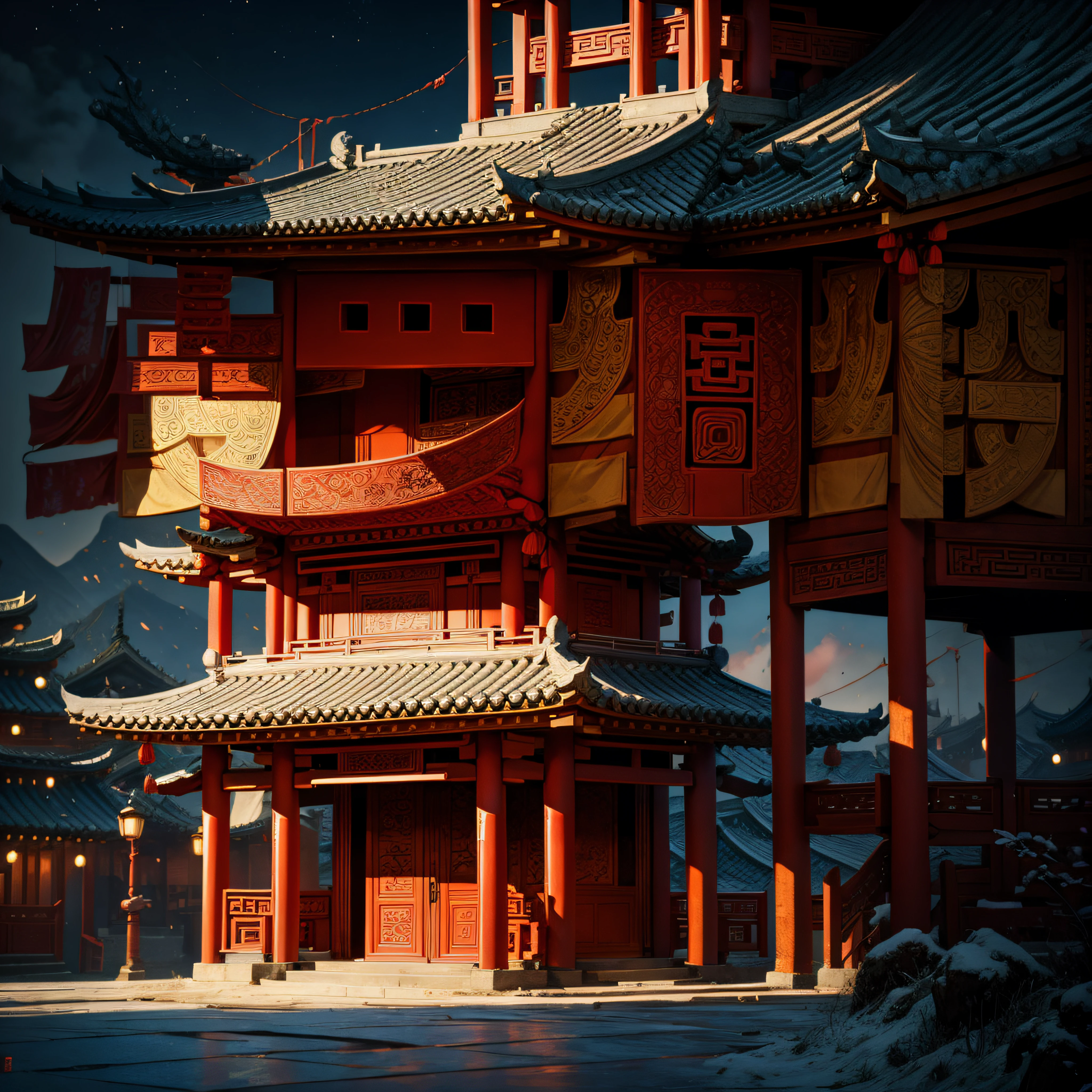 seidenraus，rote Farbe，Totem，Chinesische Architekturmotive，Meisterstück，beste Qualität，ultra-detailliert。