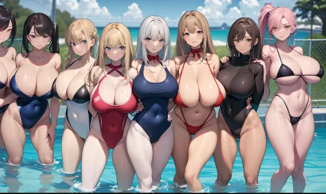 a masterpiece of,(perfect anatomia:1.4), best qualtiy, high_resolution, Fine details, highly detailed and beautiful, Distinct_image, (8 Girls), , a blond,Red-eyed, standing split,(huge-breasted), (tits out),(School Swimsuit),swimming pools,(thighhigh)