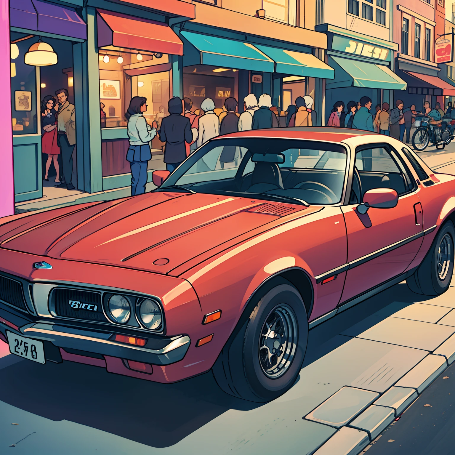 carro clássico dos anos 80, como Pontiac Fiero ou Ford Thunderbird, ultra-detalhado, melhor qualidade, vista lateral, colorida, na rua movimentada de lojas vintage e restaurantes vintage no fundo, iluminação e sombra perfeitas.