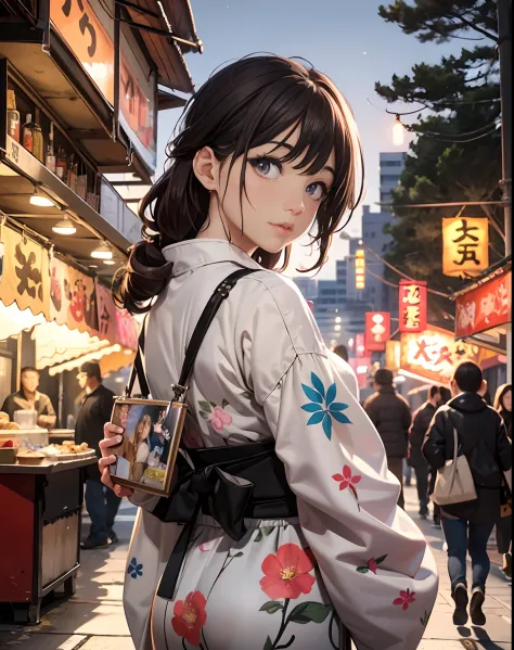 masterpiece, best quality, ultra-detailed, illustration, omatsuri, food stand, 1girl, beautiful eyes, looking at viewer from beh...