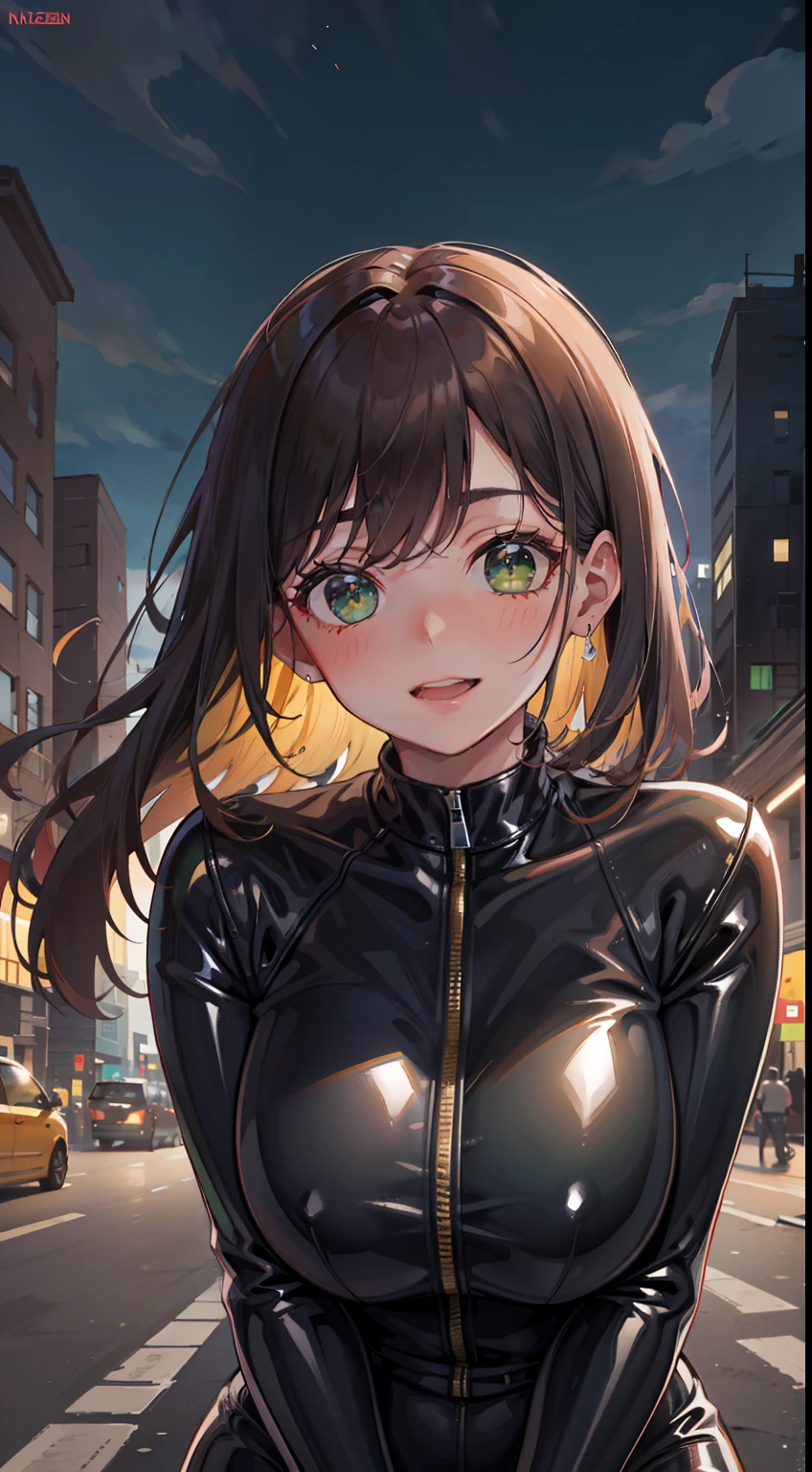 (masterpiece), (best quality), ultra high res, sharp focus, ((1 woman, solo)), modern theme aesthetic, in the city, (at the night time:1.2), upper body, magazine cover, beautiful detailed hair, chestnut brown hair, long hair tumbles down, ((beautiful shape eyes, green eyes)), beautiful detailed face, perfect feminine face, comfortable face, look at the viewer, smiles, black latex outfit, riding on big motorcycle