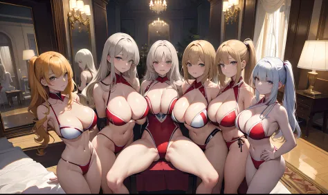 a masterpiece of,(perfect anatomia:1.4), best qualtiy, high_resolution, Fine details, highly detailed and beautiful, Distinct_image, (8 Girls), , a blond,Red-eyed, standing split,(huge-breasted), (tits out),(cheer costume),(a bed)