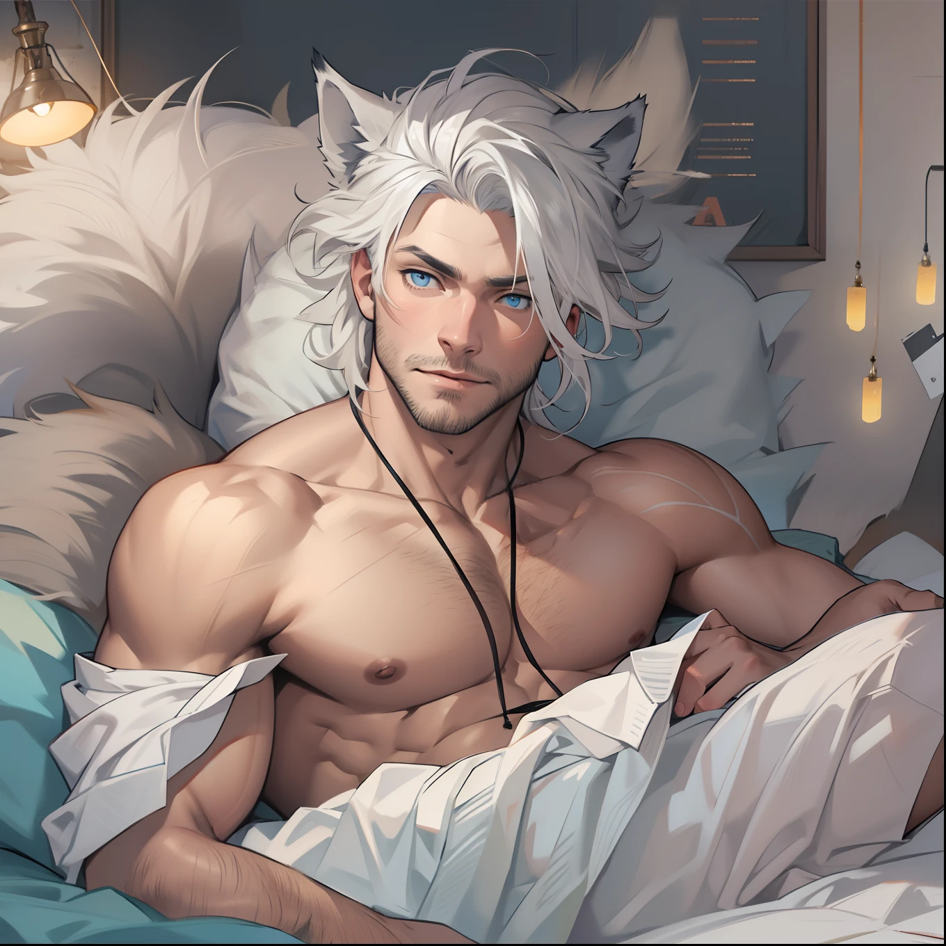 Anime guy with white hair laying in bed with headphones on - SeaArt AI