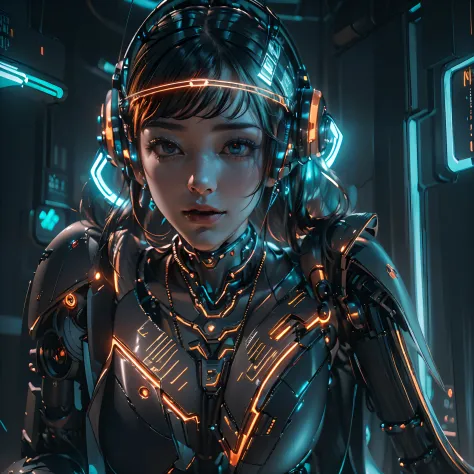 1girll，(cyber punk perssonage:1.3)，Bring headphones，Illuminated helmet and headphones，glowing jewelry，Glowing earrings，Glowing n...