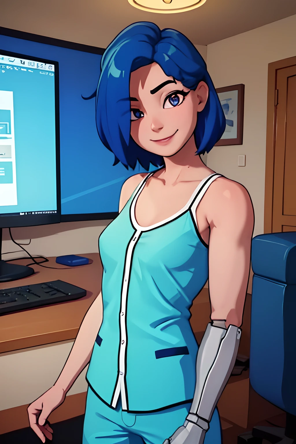 masterpiece, best quality, tari, blue pajamas, ((single mechanical right arm)), upper body, looking at viewer, hair over one eye, house, computer, indoors, smile, slight smile