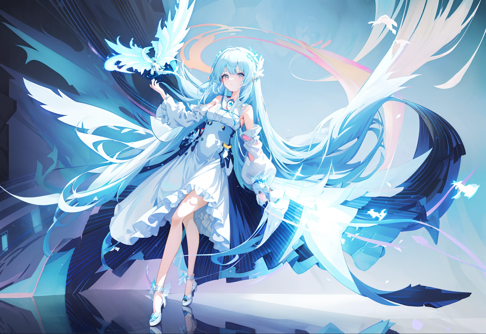 Anime girl with blue hair and white dress holding white object, full body adoptable, long haired humanoid fursona, rimuru tempest, White-haired god, sky witch, anime girl with cosmic hair, Anime monster girl, astral fairy, character adoptable, astral ethereal, Anime goddess, shirabii, furaffinity fursona, celestial aura，high-heels