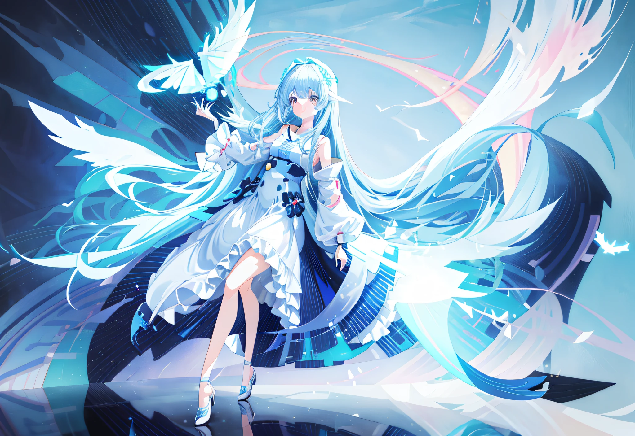 Anime girl with blue hair and white dress holding white object, full body adoptable, long haired humanoid fursona, rimuru tempest, White-haired god, sky witch, anime girl with cosmic hair, Anime monster girl, astral fairy, character adoptable, astral ethereal, Anime goddess, shirabii, furaffinity fursona, celestial aura，high-heels