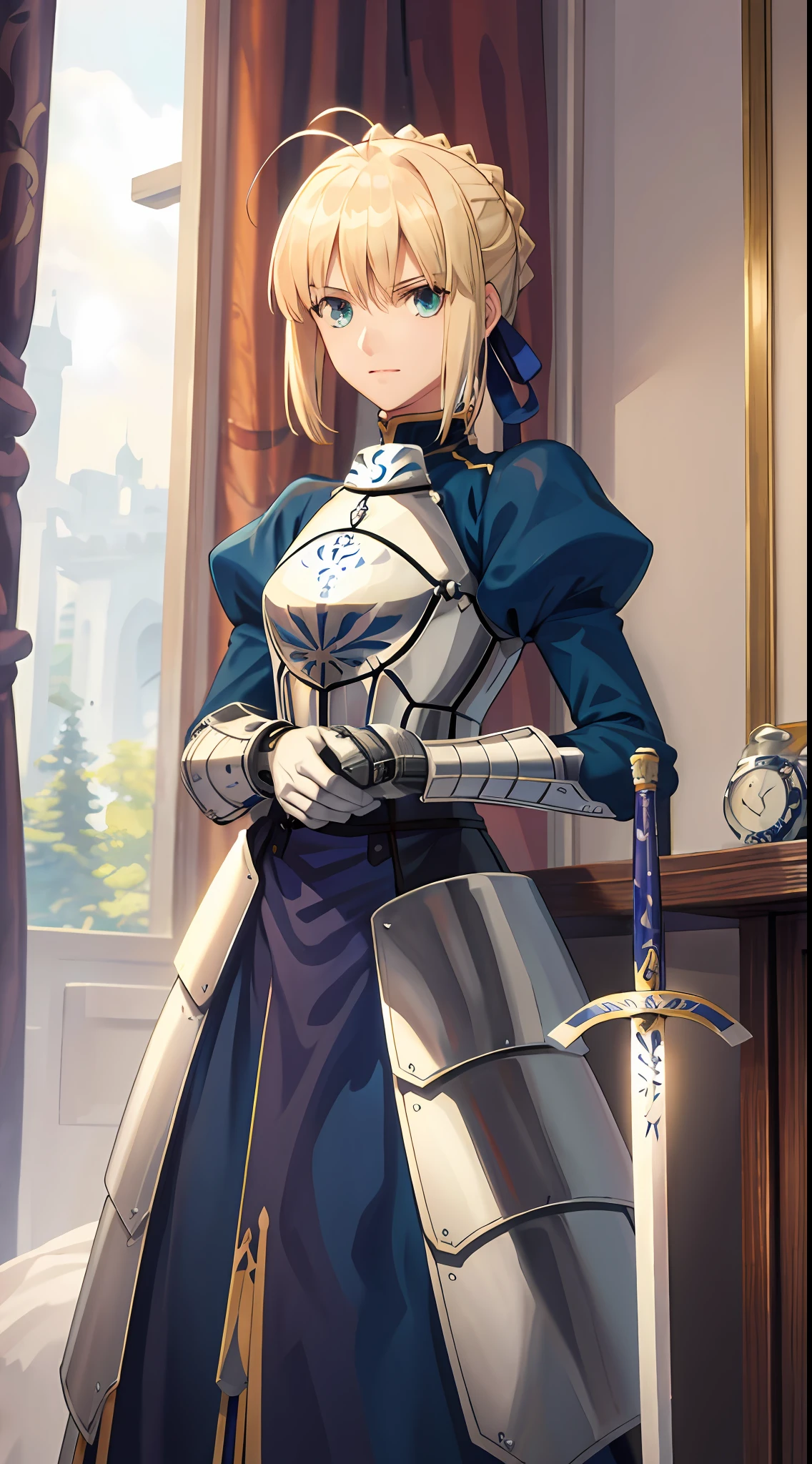 (masterpiece:1.4), (best quality:1.4), realistic, 1girl, artoria pendragon \(fate\), armor, (excalibur \(fate/stay night\), sword, holding sword:1.1)
