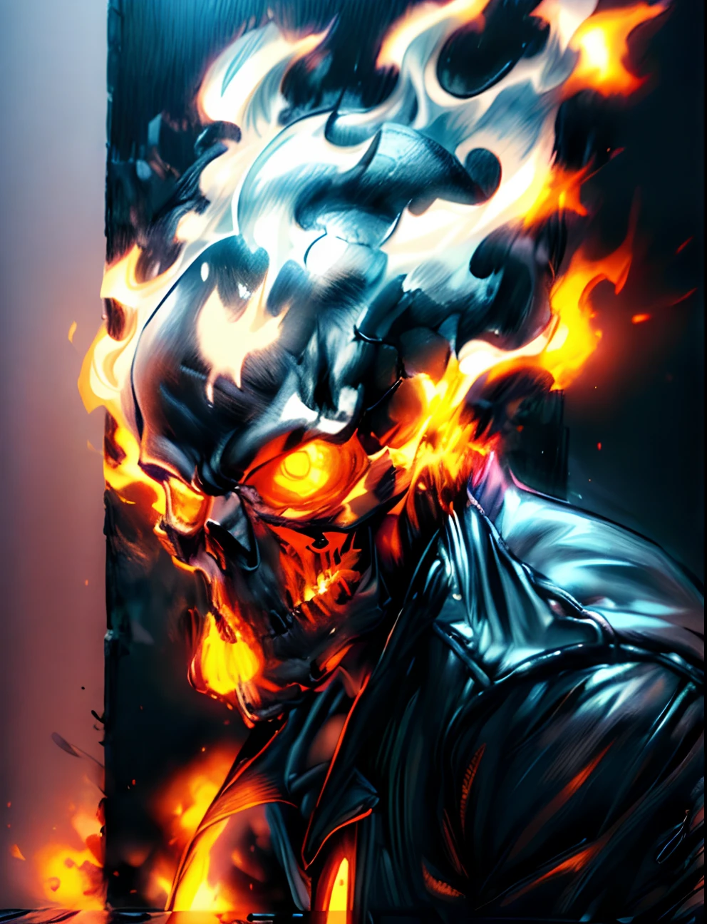 (RAW Photo, Best Quality), (Realistic, Photorealistic Photo: 1.3), Best Quality, Highly Detailed, Masterpiece, Ultra Detailed, Illustration, ghost rider, burning skull, black jacket, black jeans, black shoes, epic background, standing like ghost rider, upper body, ghost riders costume, Best Quality, Extremely Detailed CG Unified 8k Wallpaper, Ink, Amazing, badass look, portrait, close up (skull texture), intricately detailed, fine details, hyperdetailed.