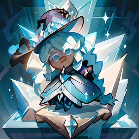 Windwitch Diamond Bell as a Cookie run Character , long Light blue Hair , Braided ponytail, ornate ballgown , Witch hat , ice ae...