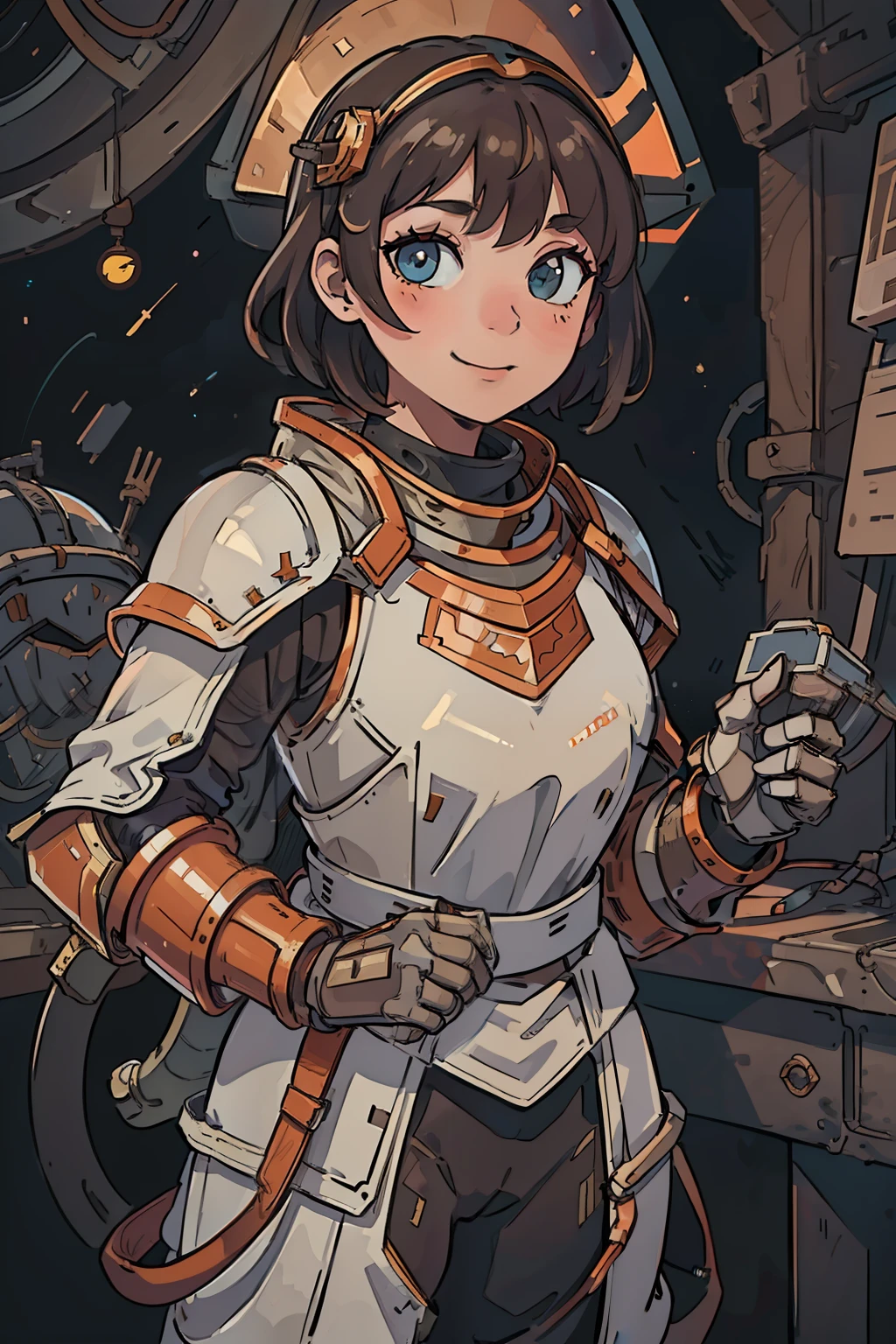 professional artwork, detailed eyes, beautiful eyes, beautiful face, flawless face, gorgeous face, smooth features, blush, short hair, beautifully detailed background, adventurous astronaut knight in armored space suit holding glowing sword made of light, space suit looks like knight armor, space suit, thick heavy space suit, environment suit, hoses and tubes on suit, dials and switches, space suit backpack, nasa, nasa punk, nasapunk, astronaut, astronaut suit, cosmonaut, medieval knight, knight armor, leather armor and metal armor, mechanical background, sci fi, science fiction, futuristic, fantasy armor, full plate armor, medieval armor, knight helmet, knight visor, grilled faceplate, large helmet, big helmet, heavy collar, vacuum seal ring around neck, life support systems, rustic material, heavy stitching, thick leathers, armored breastplate, armored chest, leather gloves, rustic craftsmanship, adventurous, adventure, cute, smiling, shoulder pads, armor, white and orange outfit, heraldry, sides of head is shaved, cropped haircut, helmet on head, cassette futurism, gloved hands