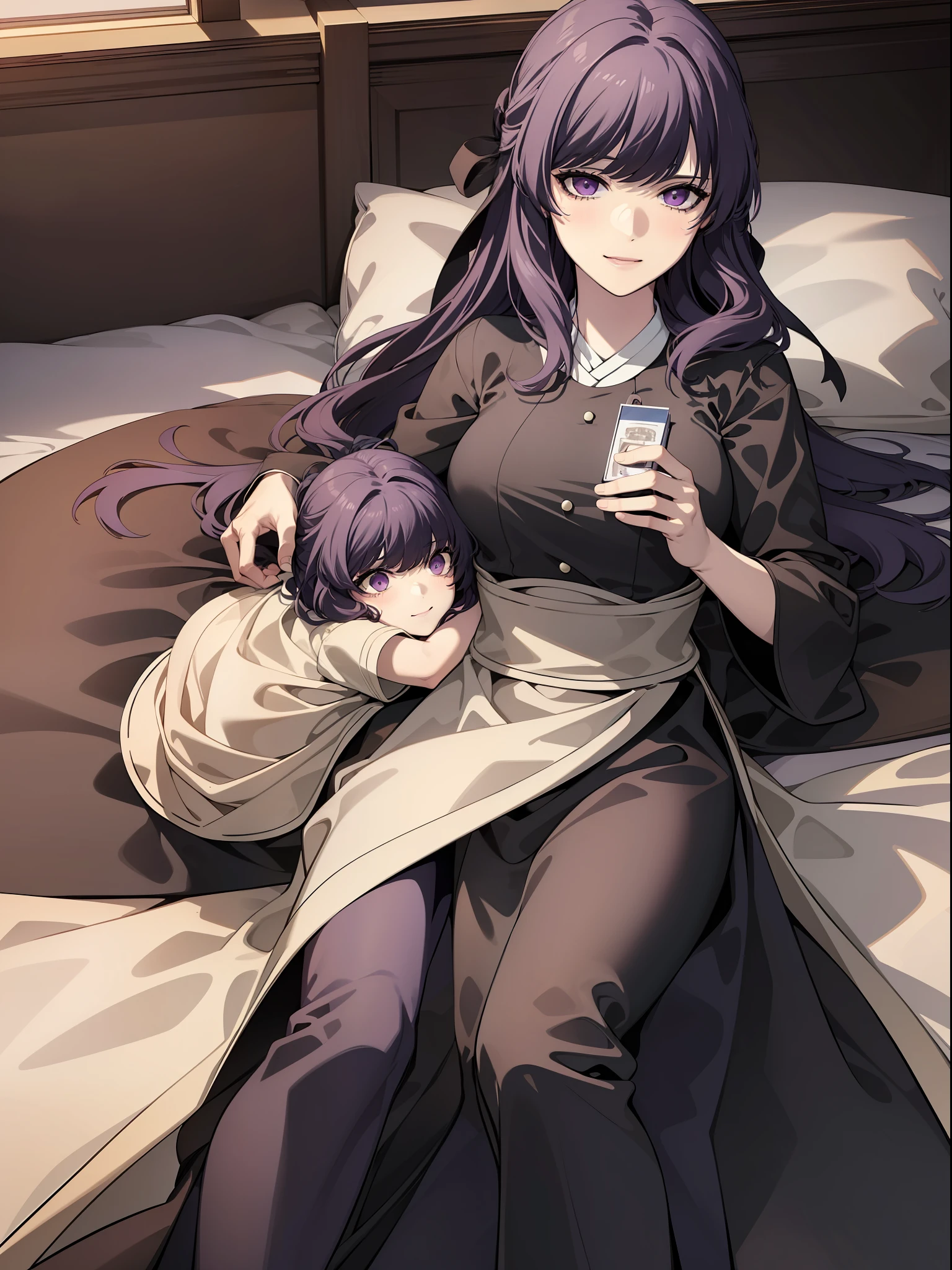 quality, masterpiece, highly detailed, 1girl, solo, long hair, dress, purple eyes, purple hair, Anastasia_Zelenska, blush, detailed face, detailed eyes, smile, happy, proud, tired eyes, holding her baby offspring, lying on bed, her offspring is sleeping, sleeping with her offspring