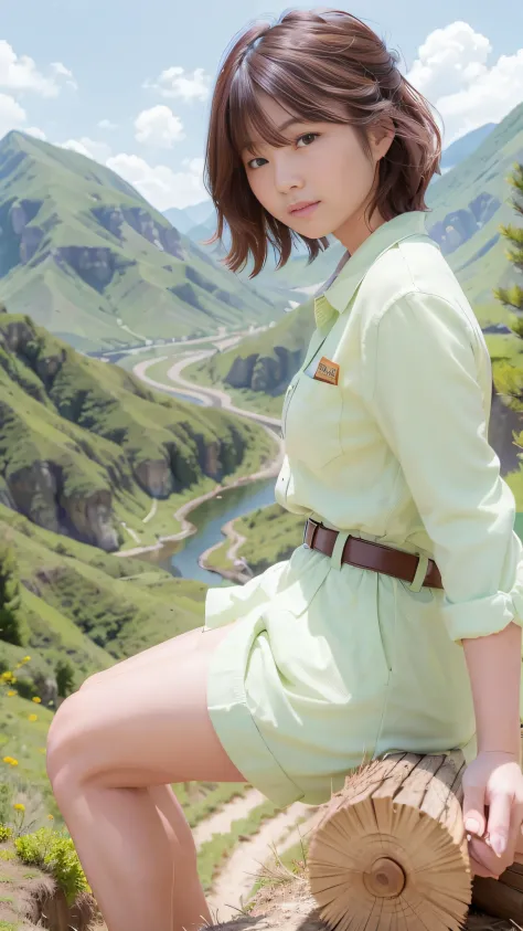 Illustration of a beautiful Japan woman in her 30s working in the mountains。
The woman is wearing work clothes.、I'm using a chai...