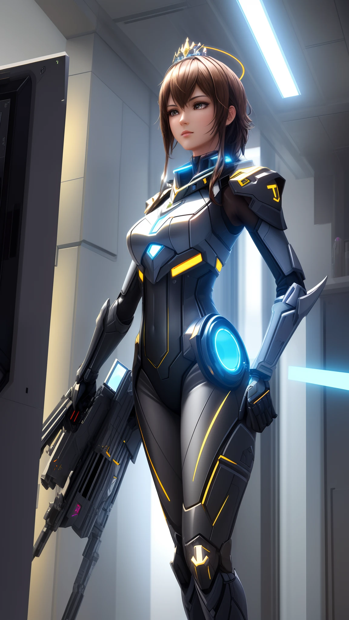 ((best qualityer)), ((tmasterpiece)), (The is very detailed: 1.3), 3D, Ikaru Valkyrie mech, Beautiful cyberpunk brunette woman wearing crown, Has skinny titanium armor, Sci-fi technology, hdr (HighDynamicRange), Ray tracing, NVIDIA RTX, Super resolution, Unreal 5, subsurfacescattering, PBR Texture, Post-processing, Anisotropic filtering, depth of fields, Maximum Acutance and Acutance, Many-Layer Textures, Specular and albedo mapping, Surface Coloring, Precise simulation of light-material interactions, perfectly proportions, Octane rendering, twotonelighting, ISO low, White balance, Rule of thirds, wide aperiature, 8K raw data, High efficiency sub-pixel, Subpixel convolution, Glow particles, Light scattering, Tyndall effect, Very sexy, full bodyesbian, Fighting posture, Brunette matching,Perfect slender legs that are bare，The perfect chest skin for bare chest